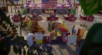 Movie still from “Sausage Party” (2016), directed by Greg Tiernan – An image of an american market with a lot of fruit; Extreme Wide shot, High angle