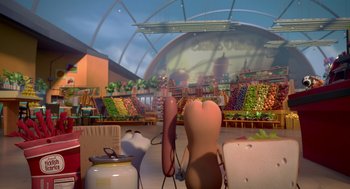 Movie still from “Sausage Party” (2016), directed by Greg Tiernan – An image of an animated character in a market setting; Wide shot, High angle