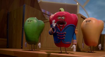 Movie still from “Sausage Party” (2016), directed by Greg Tiernan – Two cartoon characters dressed in uniforms and one of them is holding an apple and the other is holding an apple; Medium shot, Over the shoulder angle