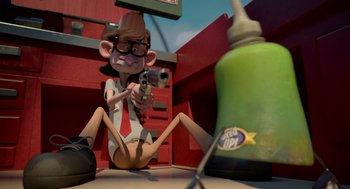 Movie still from “Sausage Party” (2016), directed by Greg Tiernan – A cartoon character holding a gun in front of a bottle of soda; Wide shot, High angle
