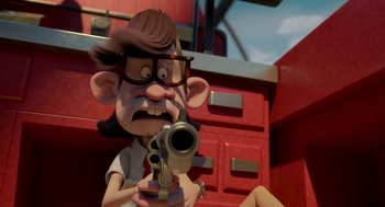 Movie still from “Sausage Party” (2016), directed by Greg Tiernan – An animated character holding a gun in his hands; Close Up shot, High angle