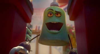 Movie still from “Sausage Party” (2016), directed by Greg Tiernan – A cartoon character is hanging from a light fixture; Close Up shot, Low angle