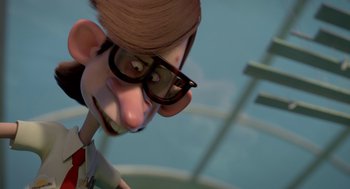 Movie still from “Sausage Party” (2016), directed by Greg Tiernan – A cartoon character's face with glasses; Close Up shot, Over the shoulder angle