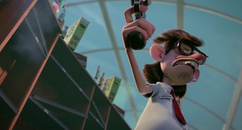 Movie still from “Sausage Party” (2016), directed by Greg Tiernan – An animated character is holding a remote control; Medium shot, Low angle