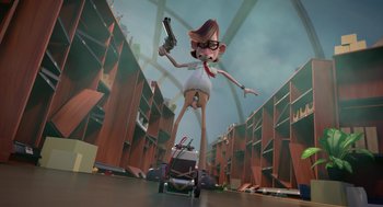 Movie still from “Sausage Party” (2016), directed by Greg Tiernan – An animated woman is holding a gun in the air; Wide shot, Low angle