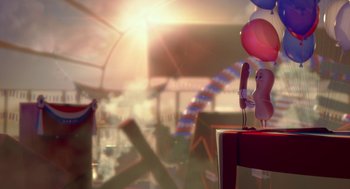 Movie still from “Sausage Party” (2016), directed by Greg Tiernan – An image of an amusement park with balloons; Extreme Wide shot, Over the shoulder angle