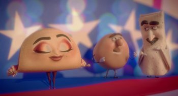 Movie still from “Sausage Party” (2016), directed by Greg Tiernan – A couple of cartoon characters standing next to each other; Medium shot, Low angle
