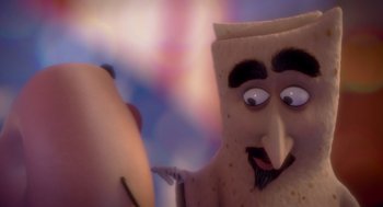 Movie still from “Sausage Party” (2016), directed by Greg Tiernan – A person's face with a burrito on top of it; Extreme Close Up shot, Over the shoulder angle