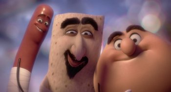 Movie still from “Sausage Party” (2016), directed by Greg Tiernan – Three characters from sausage party; Close Up shot, Low angle