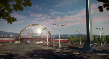 Movie still from “Sausage Party” (2016), directed by Greg Tiernan – An empty parking lot near a large building; Extreme Wide shot, High angle