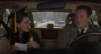 Movie still from “Say Anything” (1989), directed by Cameron Crowe – A man and a woman sitting in the back of a car; Medium shot, Over the shoulder angle