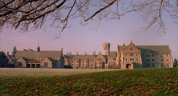 Movie still from “Scent of a Woman” (1992), directed by Martin Brest – A large building with a clock tower on top of it; Extreme Wide shot, High angle
