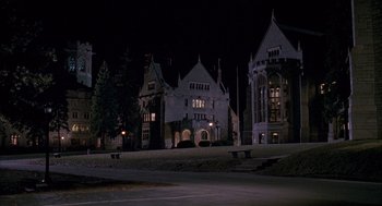 Movie still from “Scent of a Woman” (1992), directed by Martin Brest – A night time picture of some old buildings; Extreme Wide shot, High angle