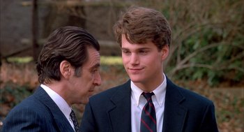 Movie still from “Scent of a Woman” (1992), directed by Martin Brest – A man and a man in a suit talking to each other; Close Up shot, Over the shoulder angle