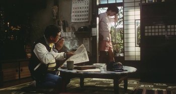 Movie still from “School in the Crosshairs” (1981), directed by Nobuhiko Ôbayashi – A man sitting at a table reading a newspaper; Wide shot, Low angle