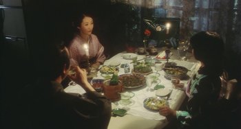 Movie still from “School in the Crosshairs” (1981), directed by Nobuhiko Ôbayashi – A group of people sitting around a dinner table; Medium shot, High angle