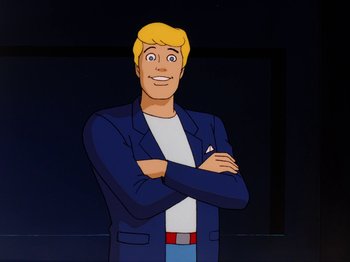 Movie still from “Scooby-Doo on Zombie Island” (1998), directed by Jim Stenstrum – A cartoon of a man with his arms crossed; Medium shot, Low angle