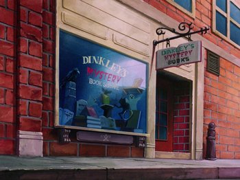 Movie still from “Scooby-Doo on Zombie Island” (1998), directed by Jim Stenstrum – A building with a sign on the side of the building; Extreme Wide shot, High angle