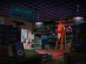Movie still from “Scooby-Doo on Zombie Island” (1998), directed by Jim Stenstrum – A person standing on a ladder in front of a bookshelf; Extreme Wide shot, High angle