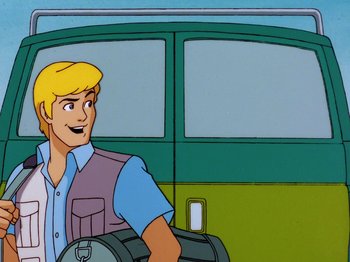 Movie still from “Scooby-Doo on Zombie Island” (1998), directed by Jim Stenstrum – A cartoon of a man holding a bag; Medium shot, Over the shoulder angle