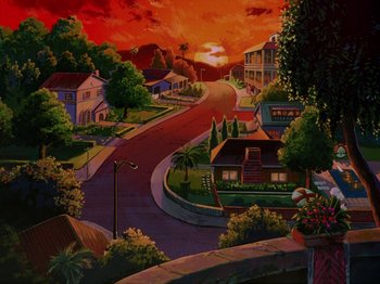 Movie still from “Scooby-Doo on Zombie Island” (1998), directed by Jim Stenstrum – An oil painting of a street scene with a sunset in the background; Extreme Wide shot, High angle