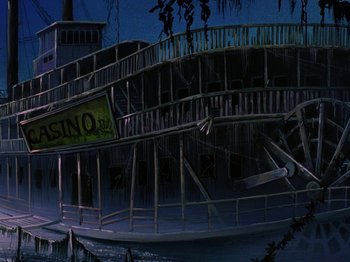 Movie still from “Scooby-Doo on Zombie Island” (1998), directed by Jim Stenstrum – A painting of a boat in the water at night time; Extreme Wide shot, Low angle