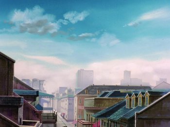 Movie still from “Scooby-Doo on Zombie Island” (1998), directed by Jim Stenstrum – An oil painting of a city street with buildings and a cloudy sky; Extreme Wide shot, Low angle