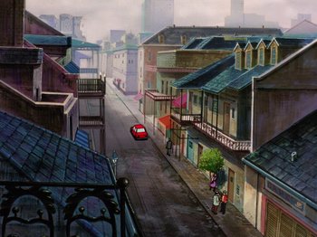 Movie still from “Scooby-Doo on Zombie Island” (1998), directed by Jim Stenstrum – An animated street scene with a red car and people walking down the sidewalk; Extreme Wide shot, Low angle