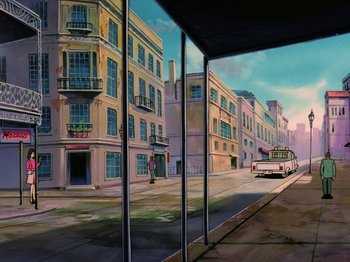 Movie still from “Scooby-Doo on Zombie Island” (1998), directed by Jim Stenstrum – A view of a city street from a window; Extreme Wide shot, Low angle