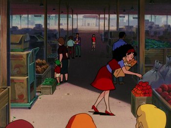 Movie still from “Scooby-Doo on Zombie Island” (1998), directed by Jim Stenstrum – A woman in a red dress is picking fruit; Extreme Wide shot, High angle