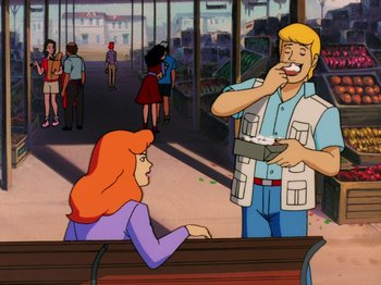 Movie still from “Scooby-Doo on Zombie Island” (1998), directed by Jim Stenstrum – A woman sitting on a bench next to a man; Medium shot, Over the shoulder angle