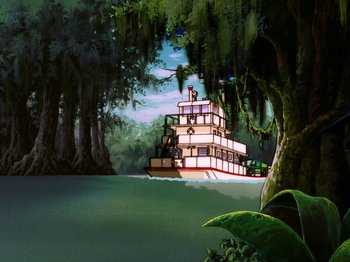 Movie still from “Scooby-Doo on Zombie Island” (1998), directed by Jim Stenstrum – A boat floating on a river surrounded by trees and bushes; Extreme Wide shot, Low angle