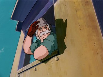 Movie still from “Scooby-Doo on Zombie Island” (1998), directed by Jim Stenstrum – An old man is looking out of a window; Medium shot, Low angle