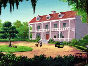 Movie still from “Scooby-Doo on Zombie Island” (1998), directed by Jim Stenstrum – An animated picture of a house with a car parked in front of it; Extreme Wide shot, Low angle
