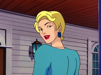 Movie still from “Scooby-Doo on Zombie Island” (1998), directed by Jim Stenstrum – A woman with blonde hair wearing a blue shirt; Medium shot, Over the shoulder angle