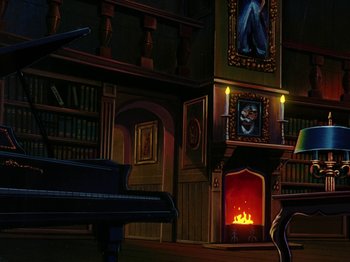 Movie still from “Scooby-Doo on Zombie Island” (1998), directed by Jim Stenstrum – An illustration of a living room with a fireplace; Wide shot, Low angle