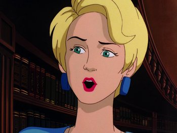 Movie still from “Scooby-Doo on Zombie Island” (1998), directed by Jim Stenstrum – A woman with short blonde hair wearing blue earrings; Close Up shot, Low angle