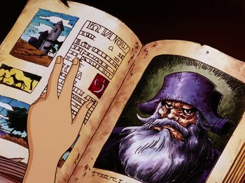 Movie still from “Scooby-Doo on Zombie Island” (1998), directed by Jim Stenstrum – An open book with an image of an old wizard; Extreme Close Up shot, High angle