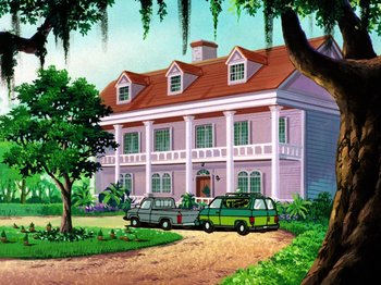 Movie still from “Scooby-Doo on Zombie Island” (1998), directed by Jim Stenstrum – A painting of a house and a car parked in front of it; Extreme Wide shot, Low angle
