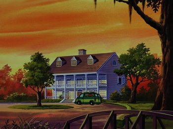 Movie still from “Scooby-Doo on Zombie Island” (1998), directed by Jim Stenstrum – A painting of a house with a car parked in front of it; Extreme Wide shot, Low angle