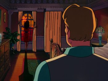 Movie still from “Scooby-Doo on Zombie Island” (1998), directed by Jim Stenstrum – A man and a woman are looking out a window; Wide shot, Over the shoulder angle