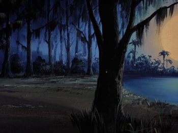 Movie still from “Scooby-Doo on Zombie Island” (1998), directed by Jim Stenstrum – A painting of a tree in the middle of the night; Extreme Wide shot, Low angle