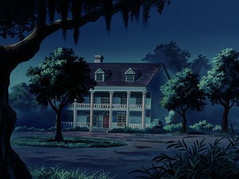 Movie still from “Scooby-Doo on Zombie Island” (1998), directed by Jim Stenstrum – A painting of a house in the middle of the night; Extreme Wide shot, Low angle