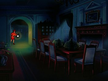 Movie still from “Scooby-Doo on Zombie Island” (1998), directed by Jim Stenstrum – An illustration of a dining room with a table and chairs; Extreme Wide shot, High angle