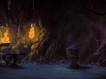 Movie still from “Scooby-Doo on Zombie Island” (1998), directed by Jim Stenstrum – An image of an animated scene with a fire in the background; Wide shot, High angle