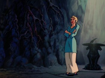 Movie still from “Scooby-Doo on Zombie Island” (1998), directed by Jim Stenstrum – A woman standing in front of a tree in a dark place; Wide shot, Over the shoulder angle