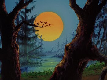 Movie still from “Scooby-Doo on Zombie Island” (1998), directed by Jim Stenstrum – A painting of a full moon setting over a swamp; Extreme Wide shot, Low angle