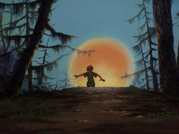 Movie still from “Scooby-Doo on Zombie Island” (1998), directed by Jim Stenstrum – A painting of a person standing in the woods; Extreme Wide shot, Low angle