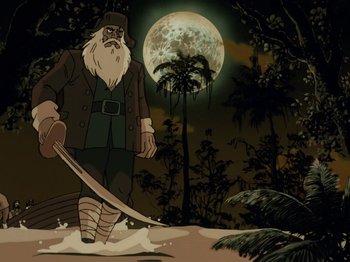 Movie still from “Scooby-Doo on Zombie Island” (1998), directed by Jim Stenstrum – An old man holding a sword walking in front of the moon; Wide shot, Low angle