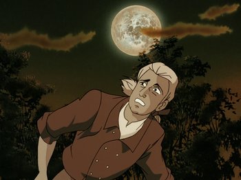 Movie still from “Scooby-Doo on Zombie Island” (1998), directed by Jim Stenstrum – An animated man looking up at the moon; Medium shot, Low angle
